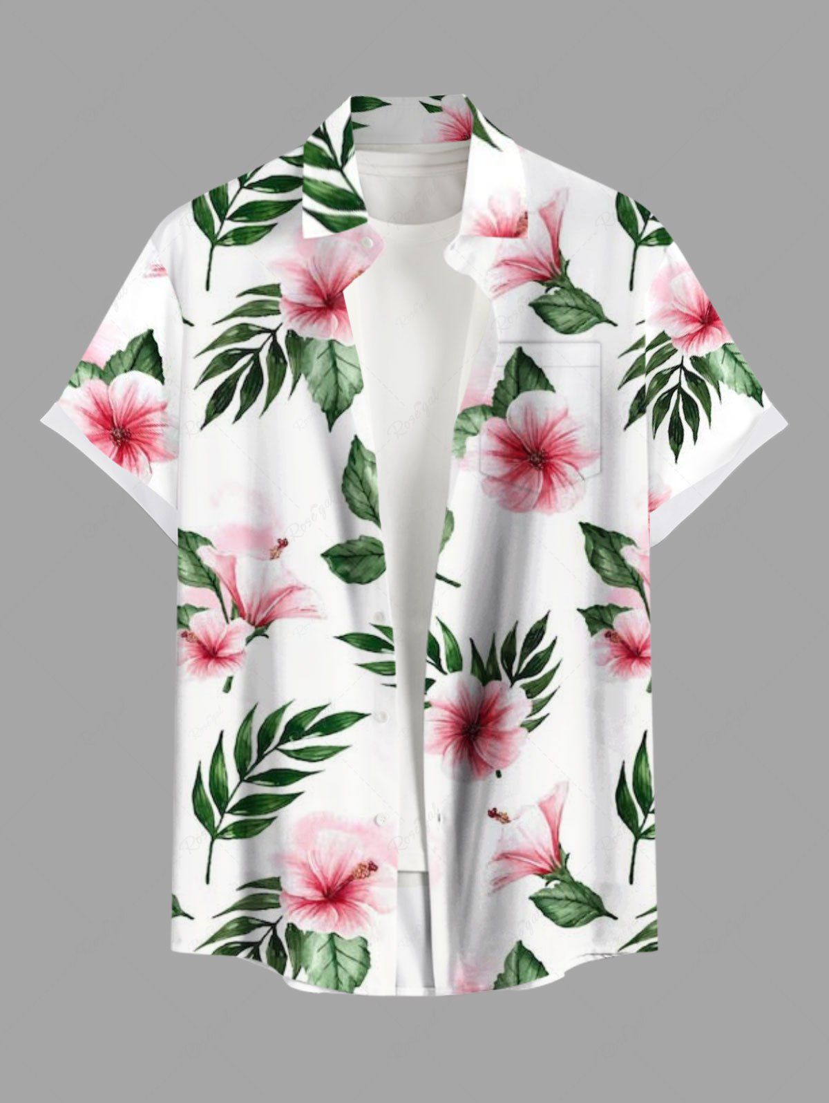 Shop Plus Size Flowers Leaf Print Buttons Pocket Hawaii Shirt For Men  