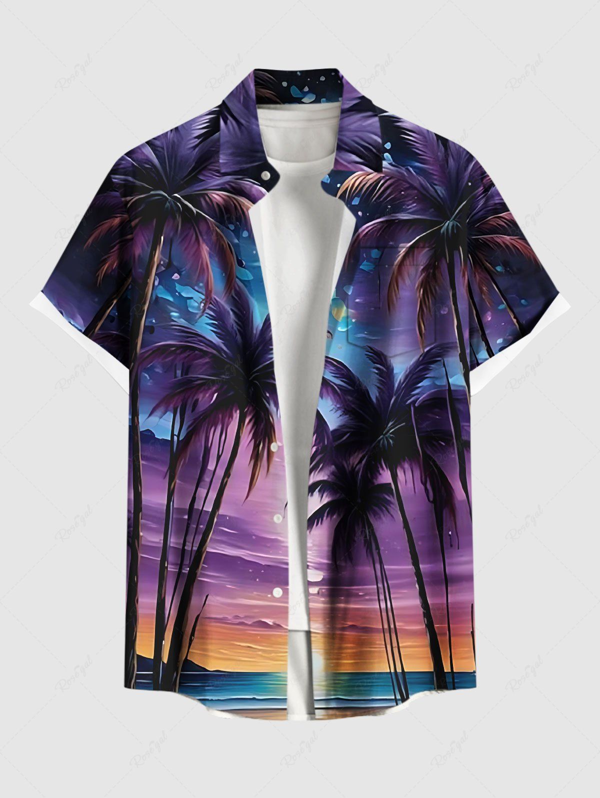 Online Plus Size Galaxy Coconut Tree Seascape Print Buttons Pocket Hawaii Shirt For Men  