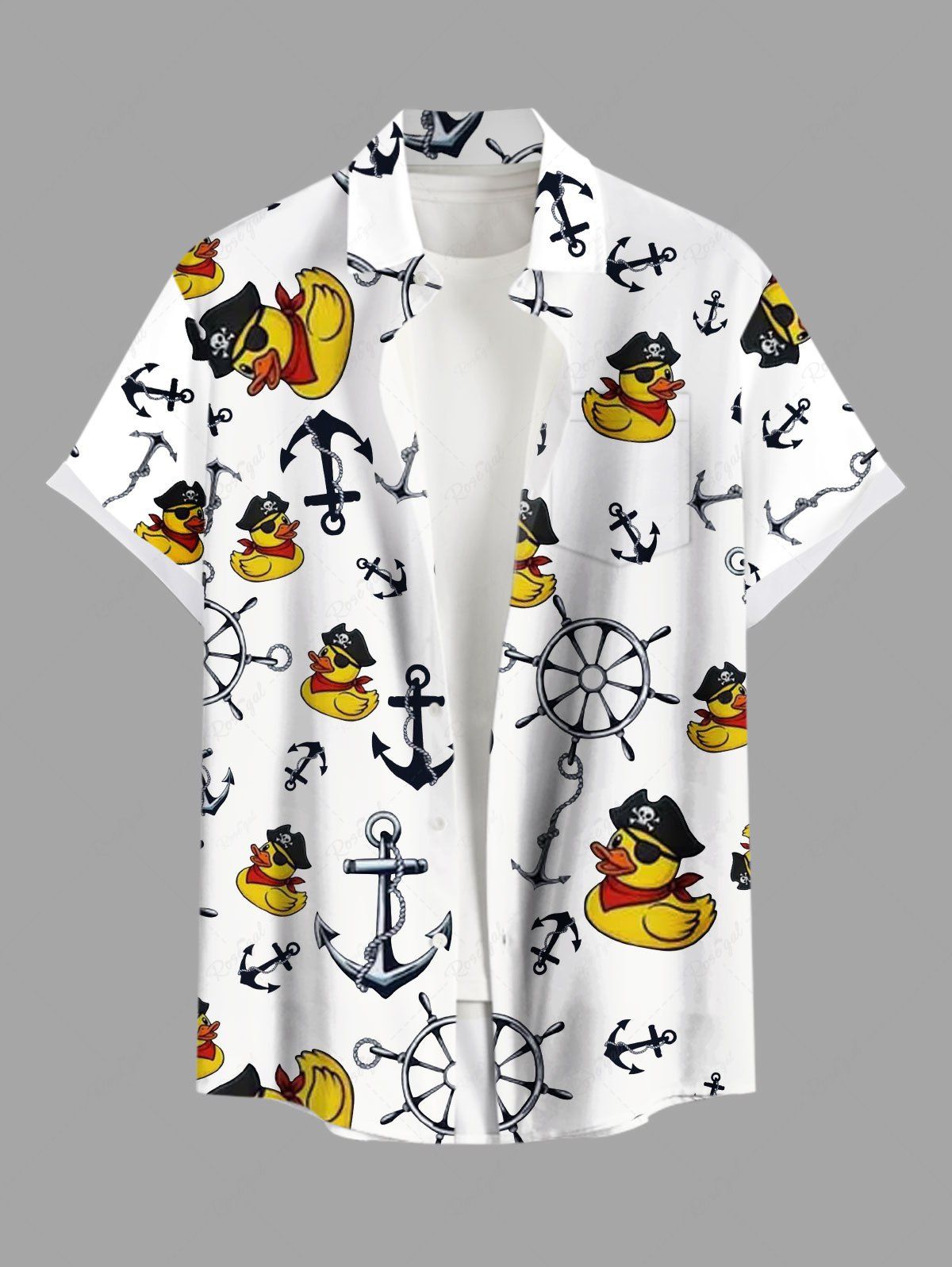 Outfits Plus Size Ducks Pirate Anchor Ship Rudder Cruise Print Buttons Pocket Hawaii Shirt For Men  