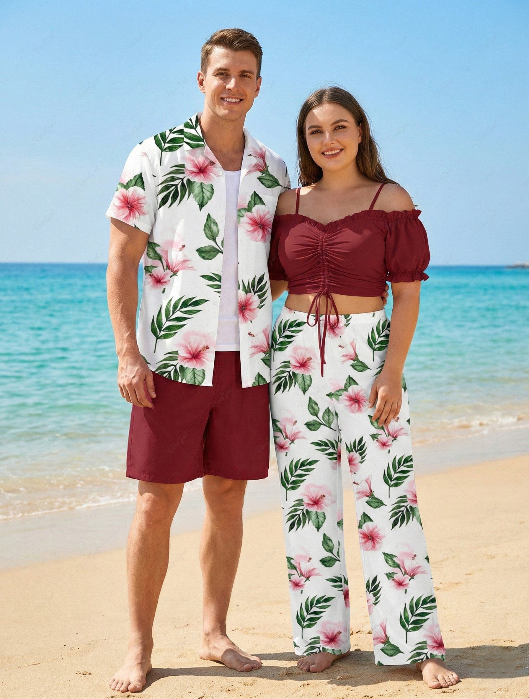 Affordable Flowers Leaf Print Plus Size Matching Hawaii Beach Outfit For Couples  