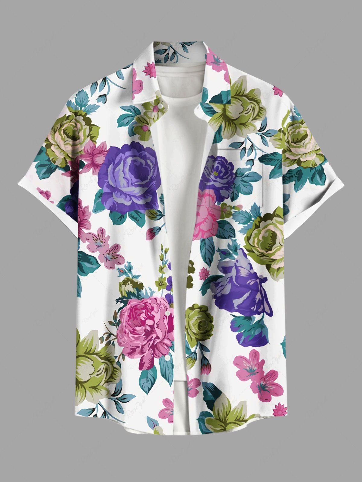 Best Plus Size Colorful Flower Leaf Print Hawaii Button Pocket Shirt For Men  