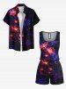 Ensemble hawaïen assorti chemise et barboteuse grande taille, tenue de plage à imprimé feuilles tropicales et hibiscus pour couples - Bleu profond 