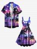 Robe trapèze hawaïenne grande taille à imprimé galaxie ombré et cocotiers illuminés - Pourpre  M