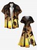 Robe midi trapèze grande taille à imprimé ombré crépusculaire, style hawaïen, avec poches fendues et cocotiers. - Jaune L