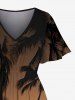 Robe midi trapèze grande taille à imprimé ombré crépusculaire, style hawaïen, avec poches fendues et cocotiers. - Jaune L