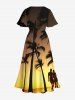 Robe midi trapèze grande taille à imprimé ombré crépusculaire, style hawaïen, avec poches fendues et cocotiers. - Jaune L