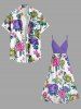 Plus Size Colorful Flower Leaf Print Hawaii Surplice A Line Cami Dress -  