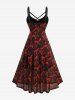 Plus Size Rose Flower Print Grommets Lace Up Tank Dress -  