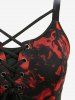 Plus Size Rose Flower Print Grommets Lace Up Tank Dress -  