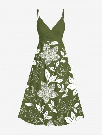 Plus Size Flowers Leaf Print Surplice Hawaii Cami Dress - GREEN - XXS