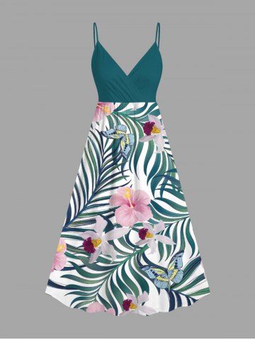 Plus Size Hibiscus Flowers Tropical Leaf Print Surplice Hawaii Cami Dress - DEEP GREEN - 5X