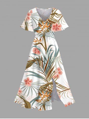 Plus Size Flowers Tropical Leaf Print Split Hawaii Midi Dress - WHITE - XXS