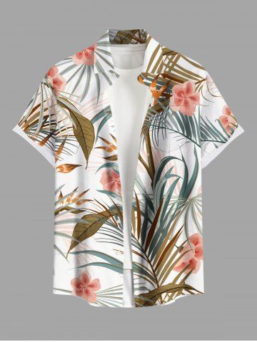 Plus Size Flowers Tropical Leaf Print Buttons Pocket Hawaii Shirt For Men