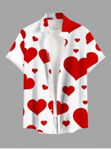 Plus Size Valentine's Day Heart Print Buttons Pocket Shirt For Men - WHITE - M