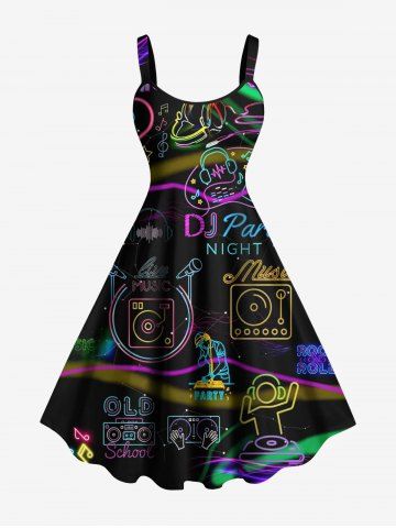 Plus Size Music Party Microphone Earphone Heart Print Hawaii Tank Dress - BLACK - XXS