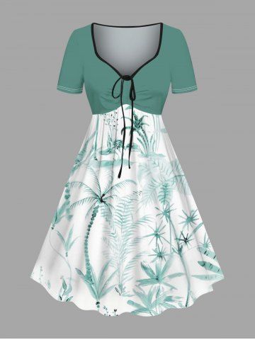 Plus Size Coconut Tree Flowers Print Cinched Hawaii Dress - GREEN - 4X