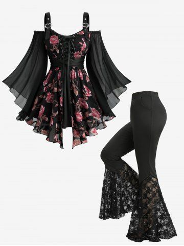 Ensemble 2 en 1 imprimé rose, lacé et ceinturé, et pantalon évasé à poches et empiècements en dentelle (grandes tailles) - BLACK