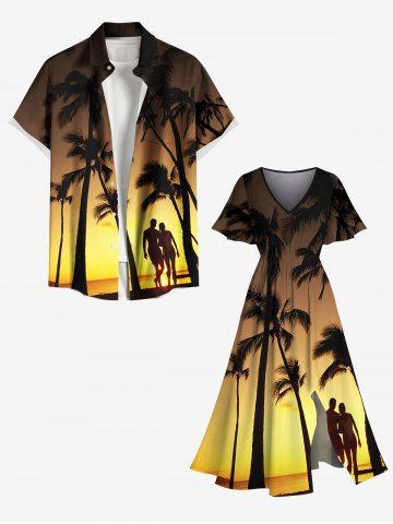 Ensemble de plage hawaïen assorti pour couples, imprimé ombré crépuscule, avec cocotiers, grandes tailles - YELLOW