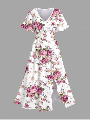 Plus Size Valentine's Day Rose Flowers Leaf Print Split Midi Dress - WHITE - 6X