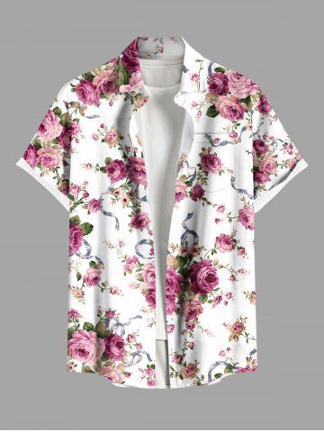 Plus Size Valentine's Day Rose Flowers Leaf Print Buttons Pocket Shirt For Men - WHITE - 2XL