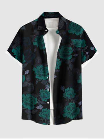 Plus Size Valentine's Day Rose Flowers Leaf Print Buttons Pocket Shirt For Men - BLACK - L