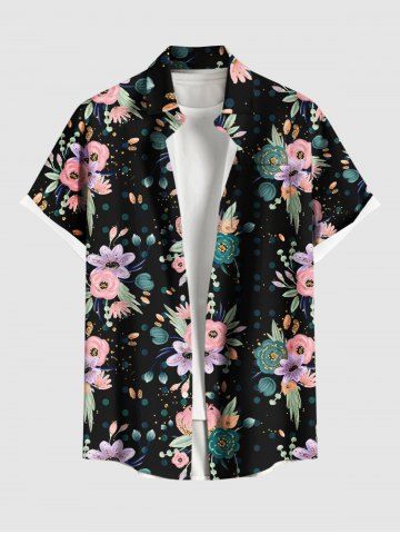Chemise hawaïenne grande taille à imprimé floral et feuilles, boutons et poche pour homme - BLACK - S