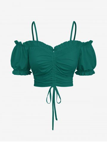Plus Size Cinched Ruched Ruffles Cold Shoulder Cami Top - GREEN - 4X