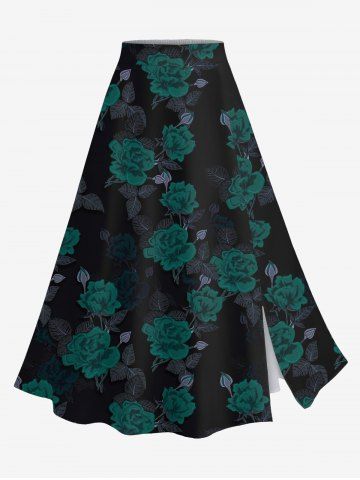 Jupe fendue grande taille à imprimé roses et feuilles pour la Saint-Valentin - BLACK - 4X