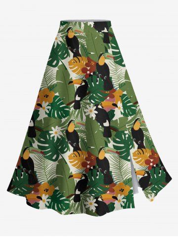 Plus Size Daisy Flowers Tropical Leaf Bird Print Split Hawaii Skirt - GREEN - 4X