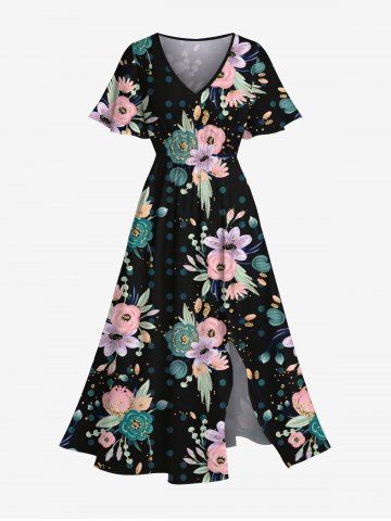 Plus Size Flowers Leaf Print Split Hawaii Midi Dress - BLACK - XS