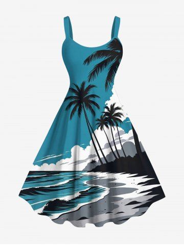 Plus Size Coconut Tree Seascape Waves Cloud Print Hawaii Tank Dress - GREEN - 5X