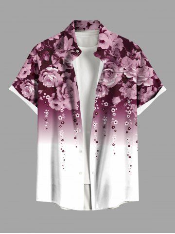 Plus Size Valentine's Day Rose Flower Tassel Ombre Print Buttons Pocket Shirt For Men - WHITE - L