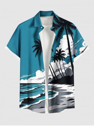 Chemise hawaïenne grande taille pour homme, imprimé cocotiers, vagues et nuages, avec poches et boutons. Motif : paysages marins, vagues et cocotiers. - GREEN - S