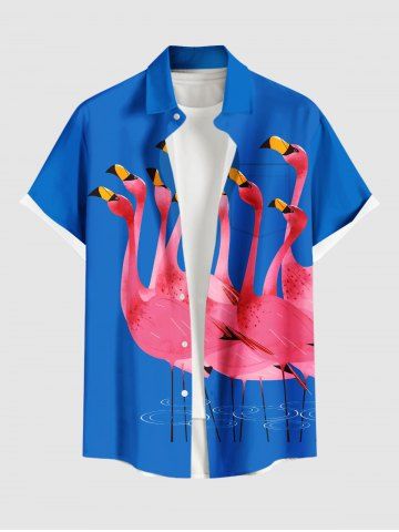Chemise hawaïenne à imprimé flamants roses et poches boutonnées grande taille pour hommes - SKY BLUE - 6XL