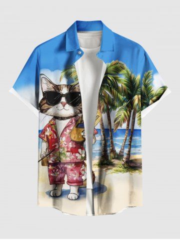 Chemise à poches boutons grande taille pour homme, imprimée de chats et de cocotiers, style hawaïen. - SKY BLUE - M