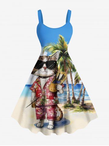 Robe trapèze hawaïenne à imprimé chat et cocotiers grande taille - SKY BLUE - 4X