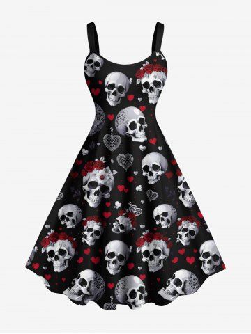 Plus Size Valentine's Day Skulls Heart Rose Flower Print Tank Dress - BLACK - XS