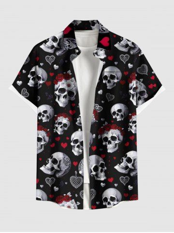Plus Size Valentine's Day Skulls Rose Flower Heart Print Buttons Pocket Shirt For Men - BLACK - S