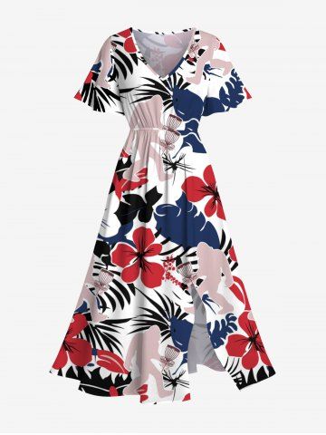 Robe midi trapèze grande taille à imprimé gorille, feuilles tropicales et hibiscus, style hawaïen, avec poches fendues - WHITE - L