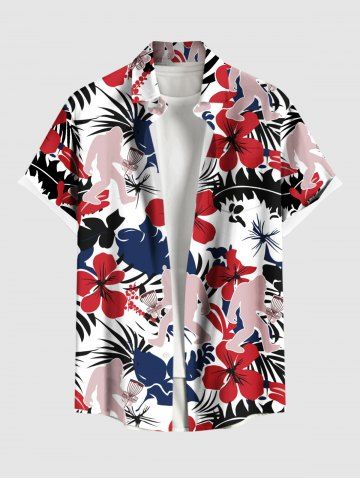 Chemise à poches boutonnées grande taille pour homme, imprimé gorille, fleurs d&#39;hibiscus et feuilles tropicales, style hawaïen - RED - S