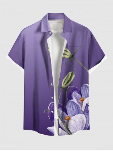 Plus Size Flower Ombre Print Hawaii Button Pocket Shirt For Men - PURPLE - S