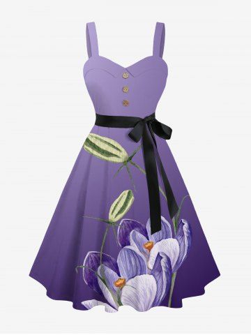 Plus Size Flower Ombre Print Hawaii Button A Line Dress with Removable Belt - PURPLE - 3X