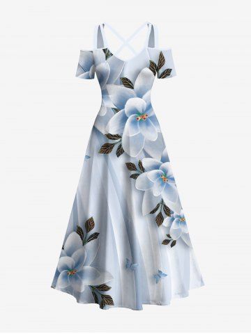 Plus Size Ombre Flower Leaf Butterfly Print Hawaii Cold Shoulder Crisscross A Line Maxi Dress - POWDER BLUE - XXS