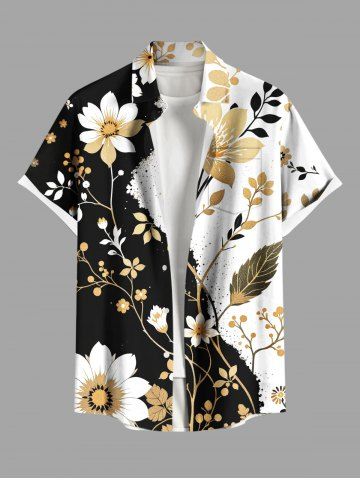 Chemise hawaïenne à poches boutons, imprimé contrasté de fleurs, feuilles et branches, grande taille, pour hommes - BLACK - 6XL