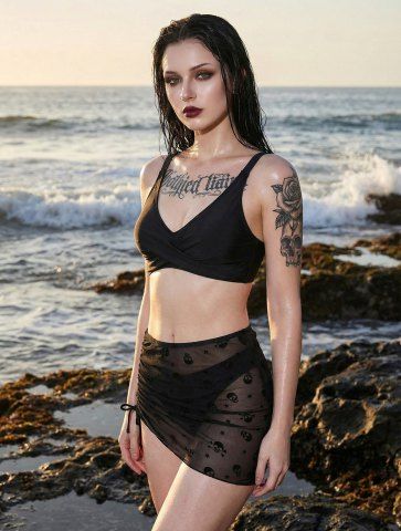 Skull Star Flocking Cinched Crossover Backless Three Piece Bikini Set - BLACK - M