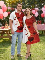 Valentine's Day Heart Colorblock Print Plus Size Matching Outfit For Couples -  