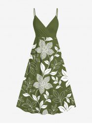 Robe à bretelles croisées à imprimé floral et feuilles grande taille, style hawaïen - Vert L