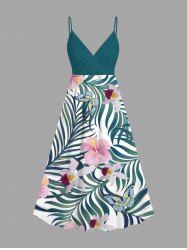 Robe cache-cœur hawaïenne à imprimé de fleurs d'hibiscus et de feuilles tropicales, grande taille - Vert profond S
