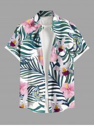 Chemise hawaïenne grande taille pour homme, à imprimé feuilles tropicales et fleurs d'hibiscus, boutons et poche. - Vert profond 5XL
