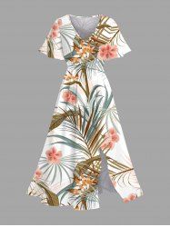 Plus Size Flowers Tropical Leaf Print Split Hawaii Midi Dress -  